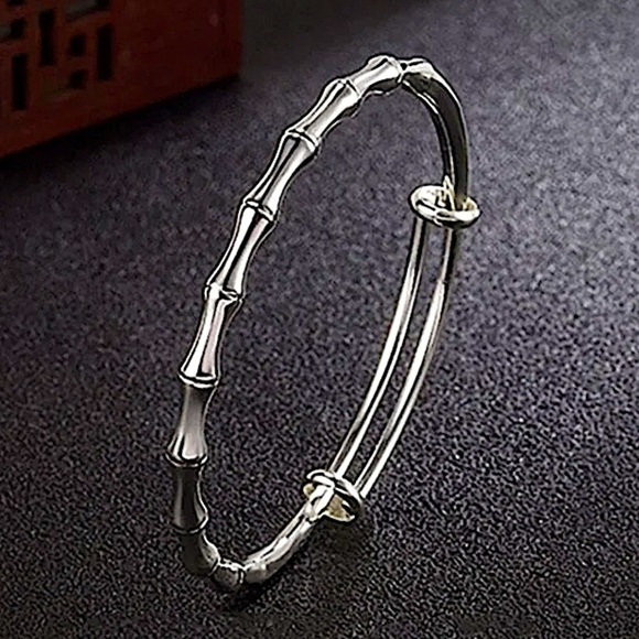 Sterling Silver Bamboo Adjustable Resizable Bangle Bracelet - Picture 4 of 6